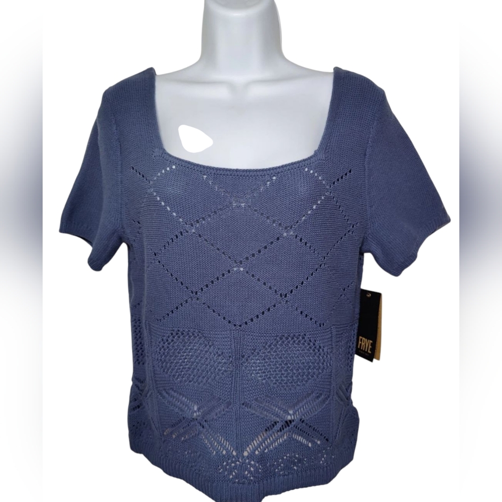 Frye Pointelle Knit Scoop Neck Short Sleeve Pullover‎ Blue Gray Sweater L NWT